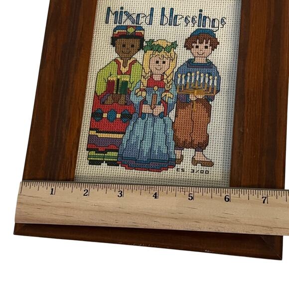 Vintage Framed Cross Stitch Mixed Blessings Cultural Diversity Holiday 9.5x7.5 - Picture 6 of 6